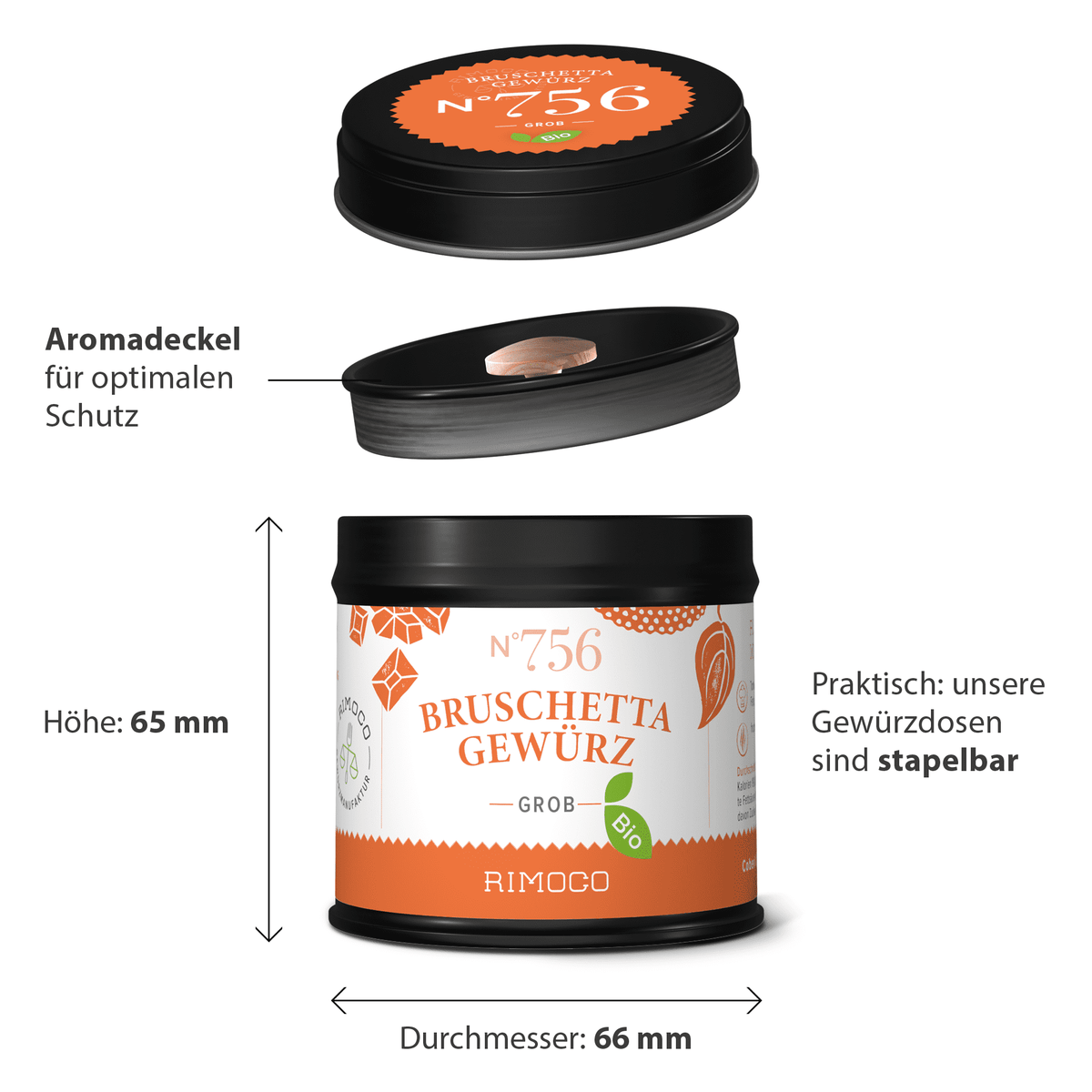 Bio Bruschetta Gewürz in runder Dose mit schwarzem Deckel, Aufschrift mediterrane Aromen auf Deutsch.