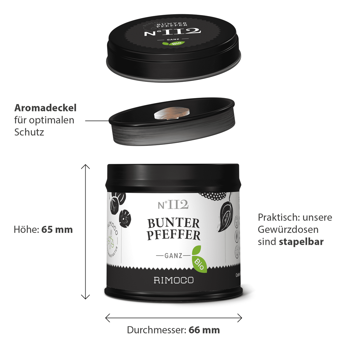 Bio Bunter Pfeffer, schwarze Gewürzdose mit Aromadeckel, Etikett und Stapeldetails von vorne.