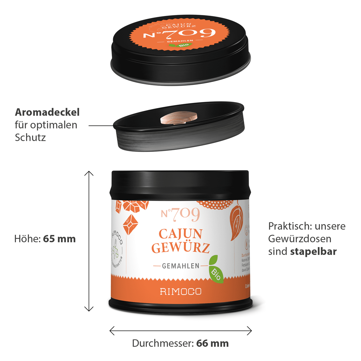 Runde Dose Bio Cajun Gewürz mit schwarzem Deckel, deutsche Schrift zu Stapelbarkeit und Größe.