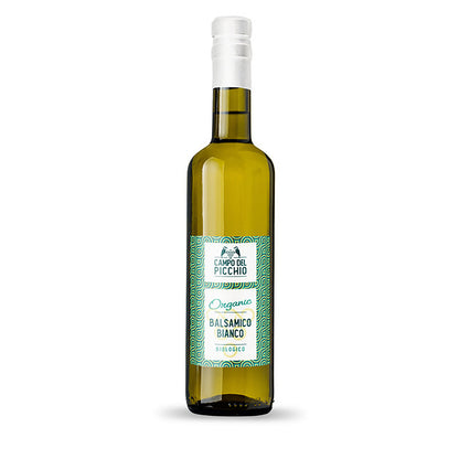 Bio Balsamico Condimento Bianco di Modena Weißer Essig, Flasche mit grün-weißem Etikett.