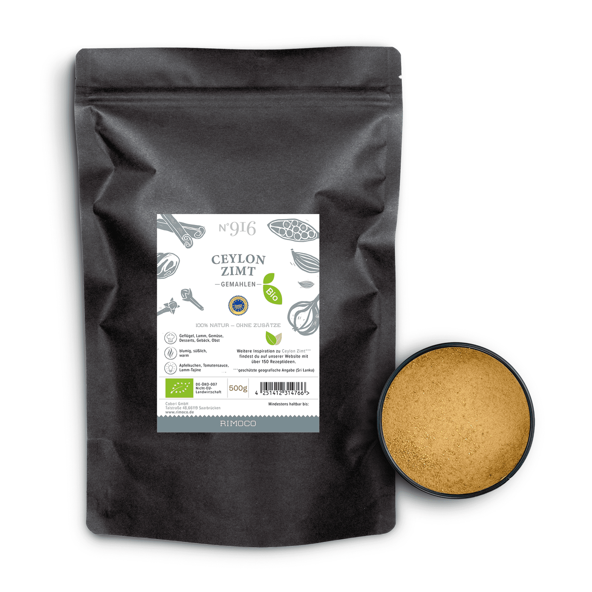 Bio Ceylon Zimt im schwarzen Beutel neben einer Schale mit gemahlenem Zimt.