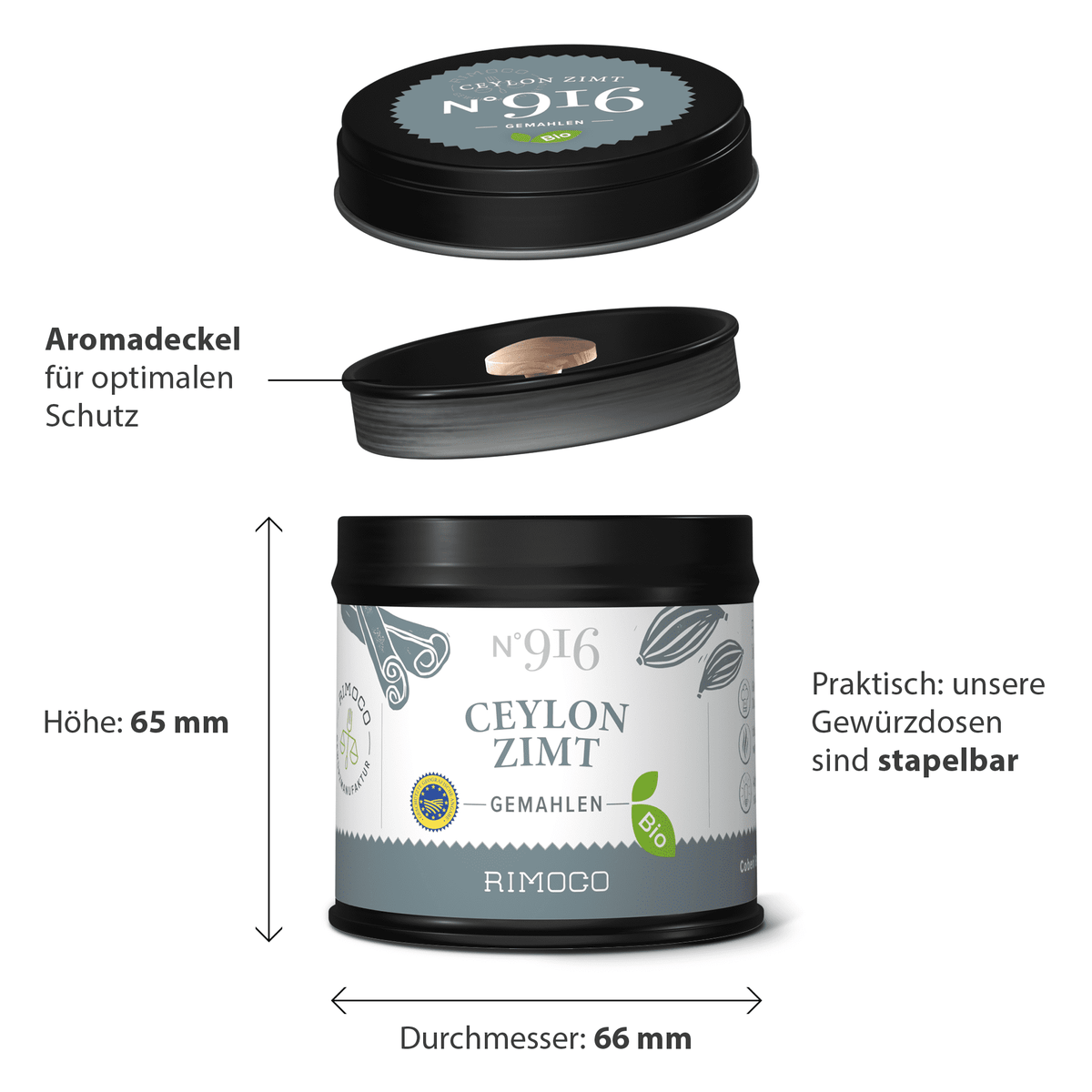 Runde schwarze Dose Bio Ceylon Zimt mit Deckel, stapelbar.