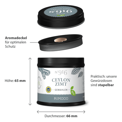 Runde schwarze Dose Bio Ceylon Zimt mit Deckel, stapelbar.