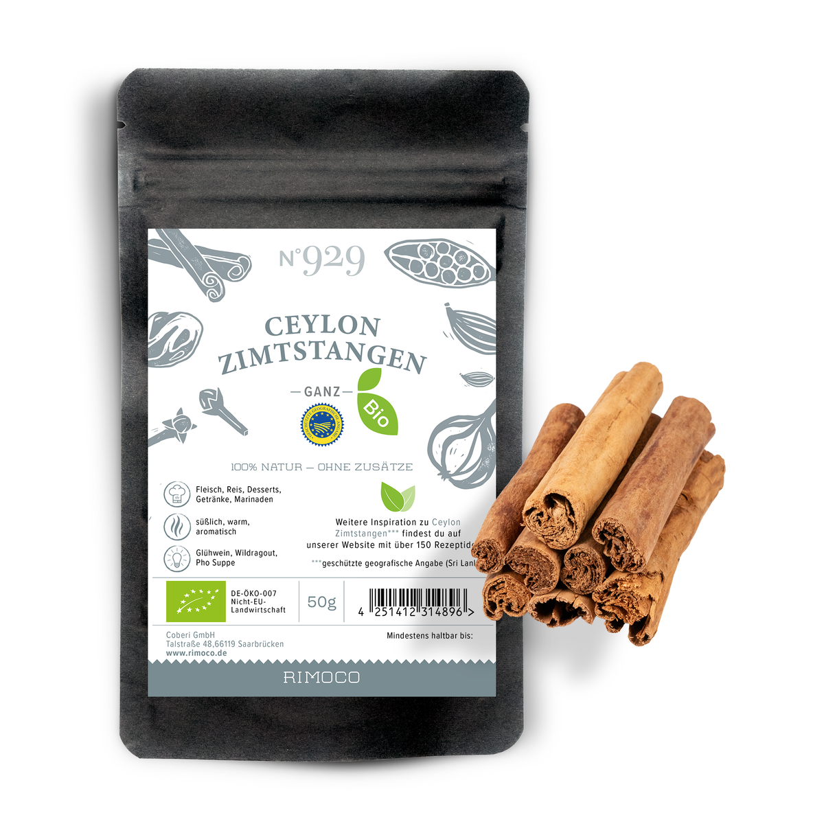 Bio Ceylon Zimtstangen 10cm in schwarzer Packung neben Zimtstangen-Bündel.
