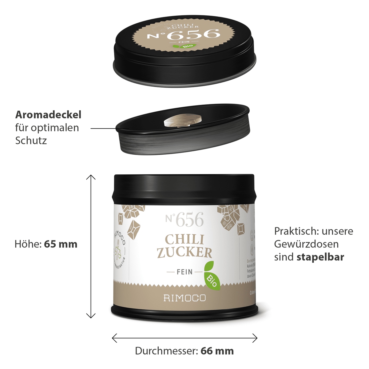 Bio Chili Zucker Dose mit schwarzem Deckel, Etikett von oben, seitlich und vorne sichtbar.