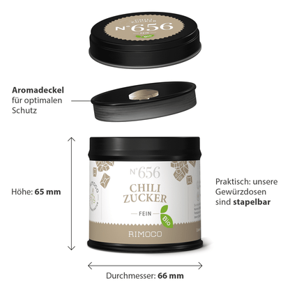 Bio Chili Zucker Dose mit schwarzem Deckel, Etikett von oben, seitlich und vorne sichtbar.