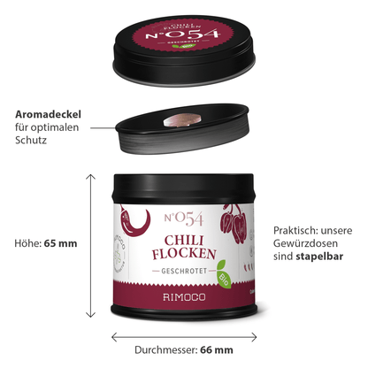 Schwarze Dose Bio Chiliflocken mit abnehmbarem Deckel, stapelbar, Chiliflocken nicht sichtbar.