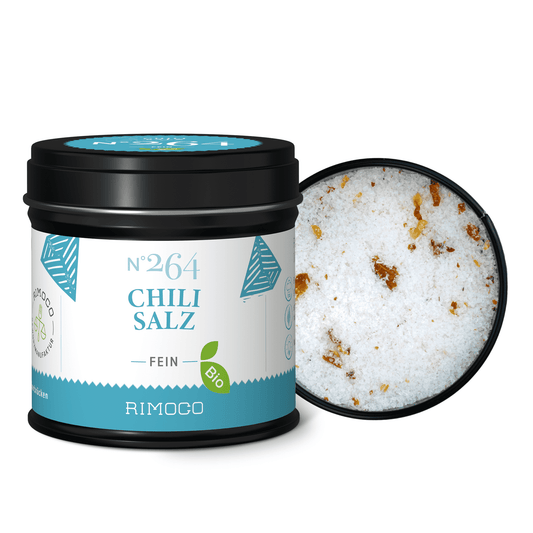 Bio Chilisalz-Dose mit grobem Meersalz und Birds Eye Chili-Flocken.