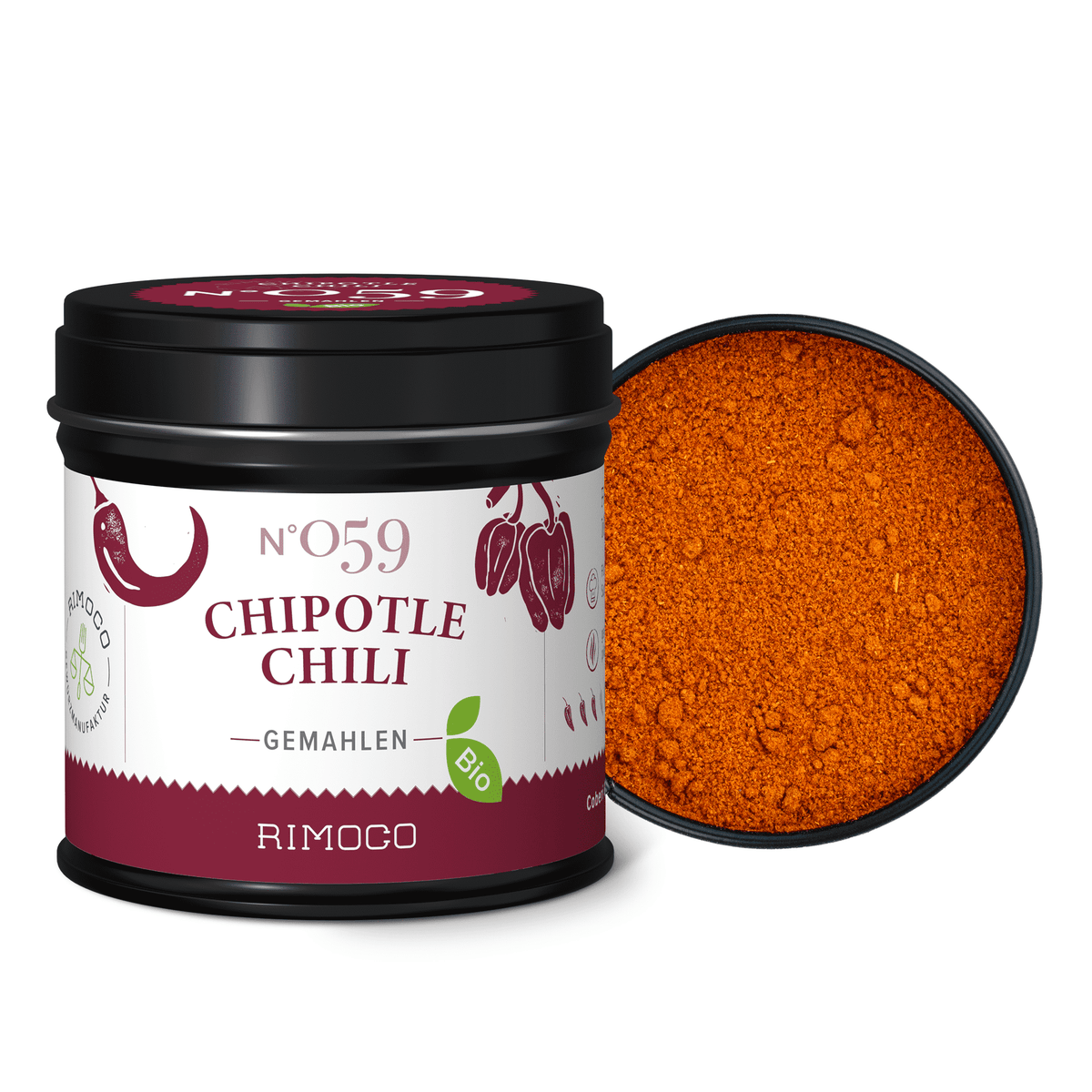 Dose Bio Chipotle Chili gemahlen mit offenem Deckel, rotes Chilipulver sichtbar.