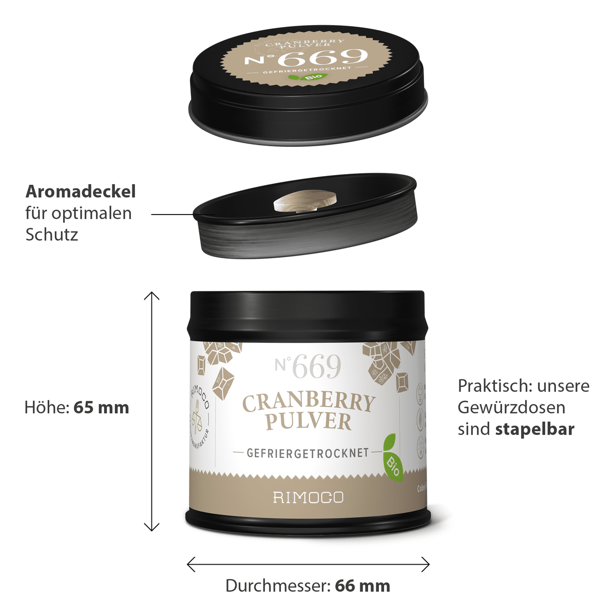 Bio Cranberry Pulver in schwarzer Dose mit deutschem Etikett zu Höhe, Durchmesser und Stapelbarkeit.