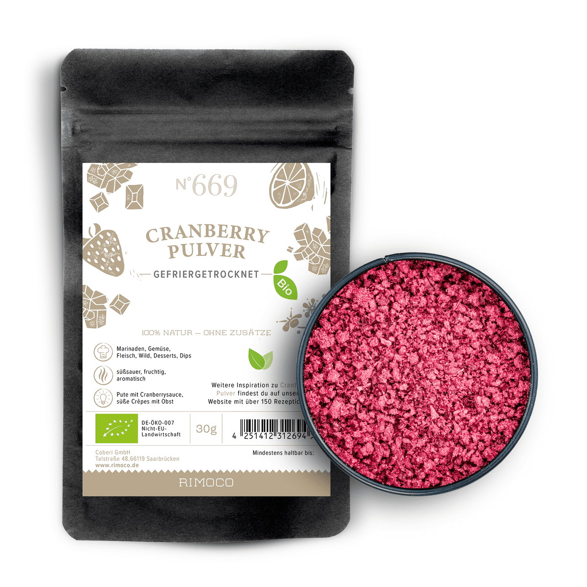 Bio Cranberry Pulver neben einer Schale mit leuchtend pinkem Cranberrypulver.