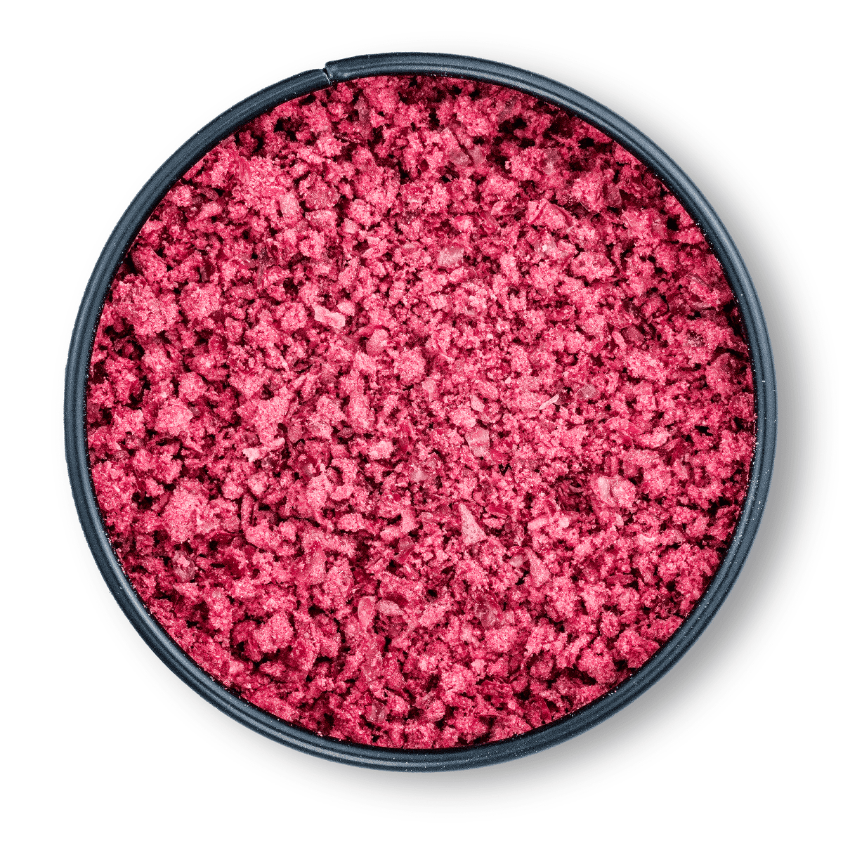 Bio Cranberry Pulver in runder schwarzer Dose, daneben leuchtend rosafarbenes Pulver auf weißem Hintergrund.