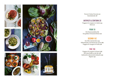 Italienische Gerichte und frisches Gemüse, daneben das Menü des Geschenksets Cucina Vegetariana auf Weiß.