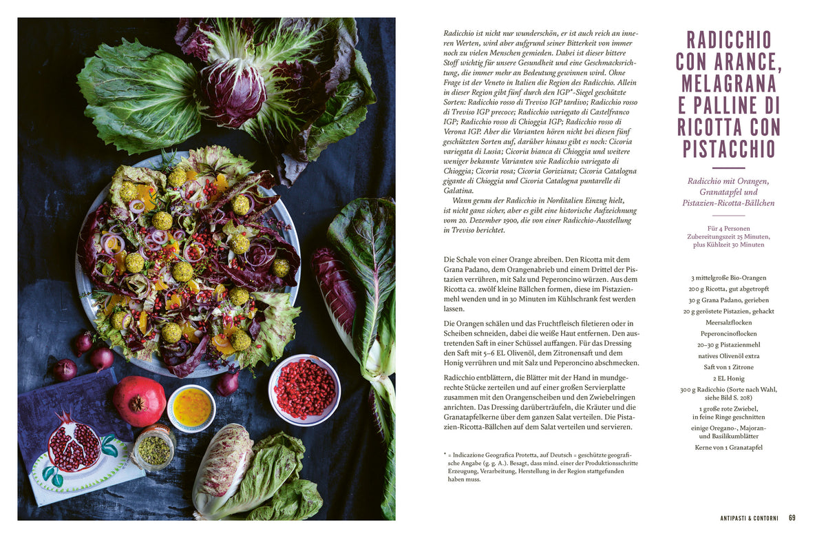 Bunter Salat mit Radicchio, Orangenscheiben, Granatapfelkernen und Ricottabällchen.