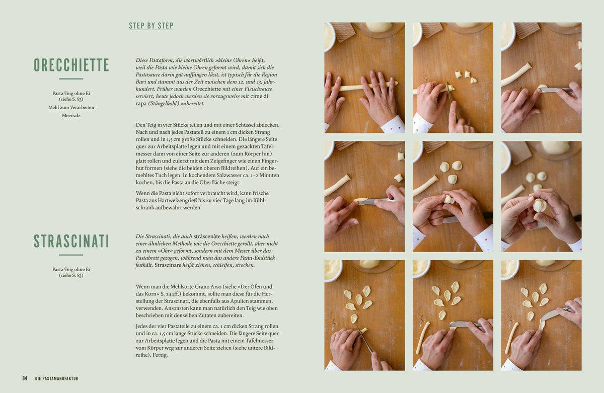 Schritt-für-Schritt-Fotos zeigen Hände, die Orecchiette formen.