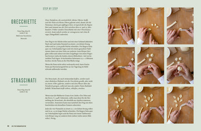 Schritt-für-Schritt-Fotos zeigen Hände, die Orecchiette formen.