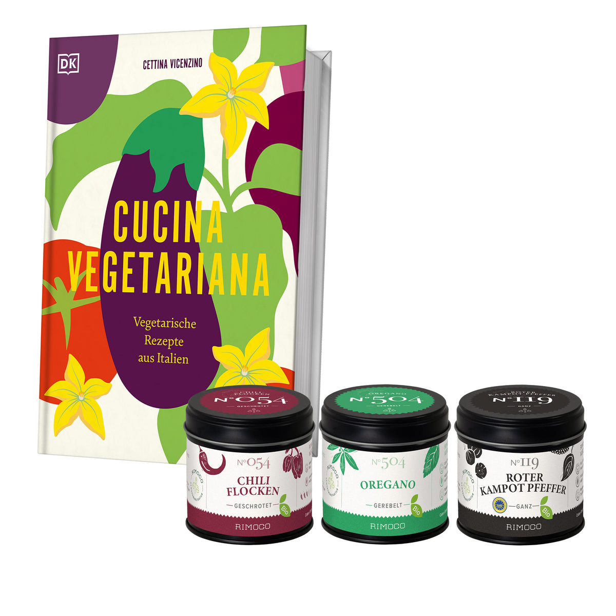Geschenkset Cucina Vegetariana mit Chiliflocken, Oregano und Kampot Pfeffer Bio-Gewürzen.