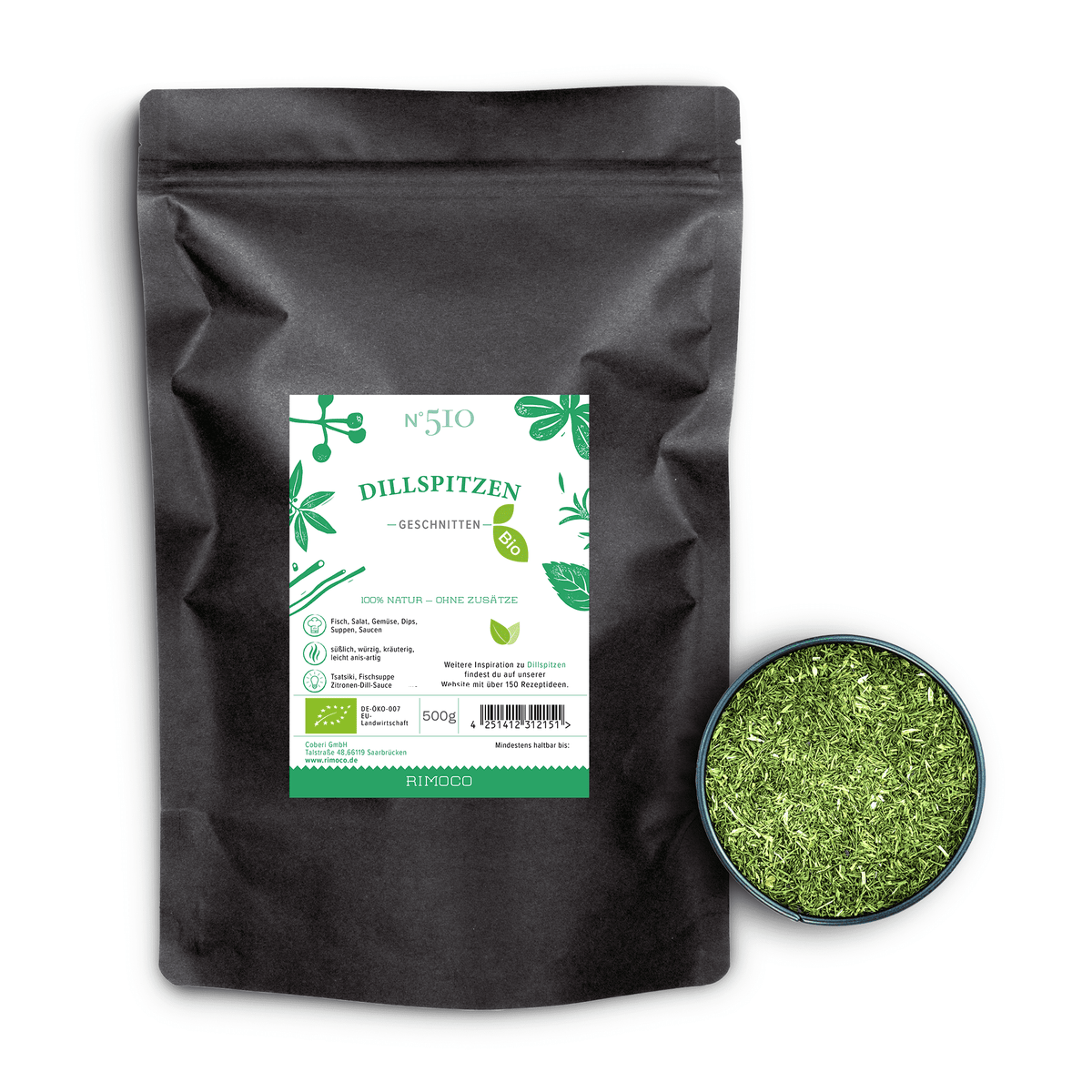 Bio Dillspitzen getrocknet in schwarzem Beutel neben gehacktem Dill.