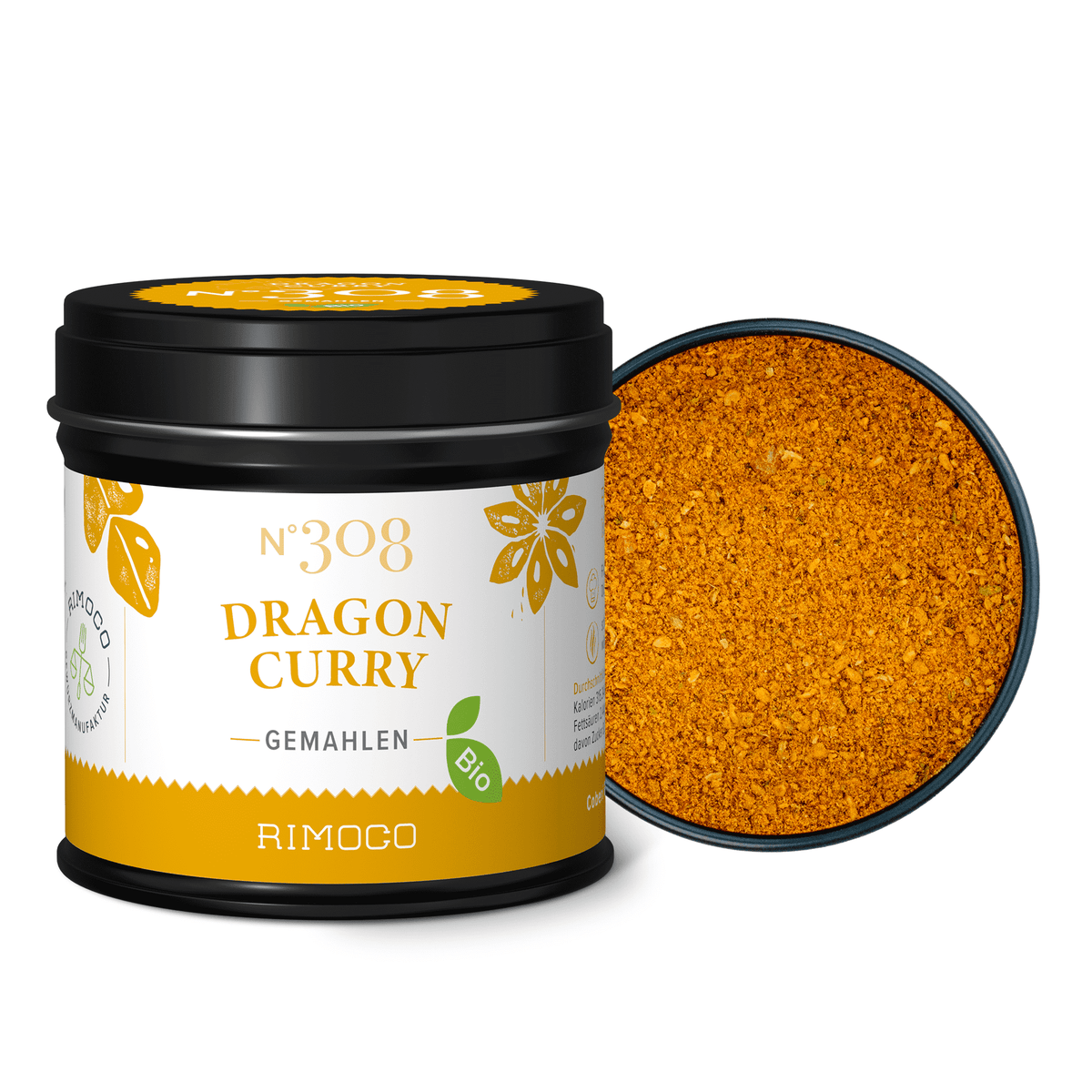 Geöffnete Dose mit Bio Dragon Curry zeigt leuchtend orangefarbenes, gemahlenes Gewürz.