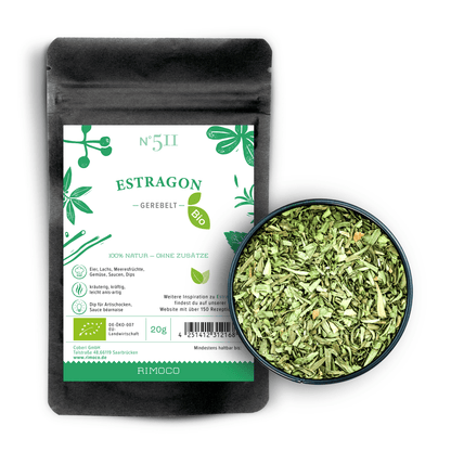 Bio Estragon gerebelt in einer Packung und Schale, dazu grüne dekorative Elemente.