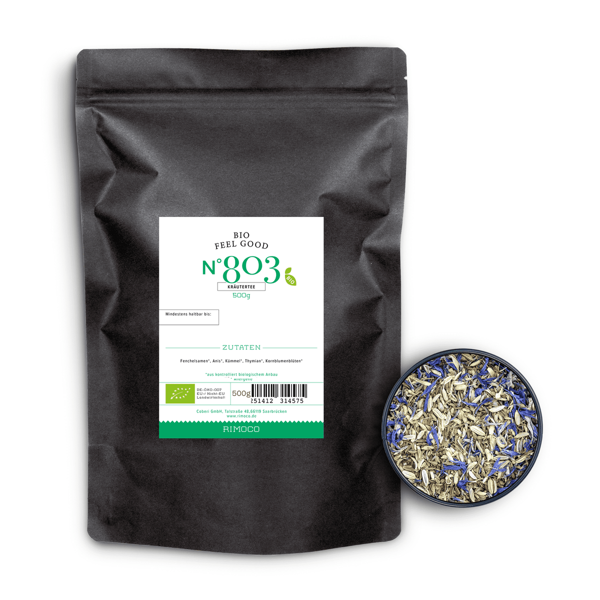 Bio Kräutertee Feel Good mit Kümmel & Fenchel neben einer Schale loser Kräuterblüten.