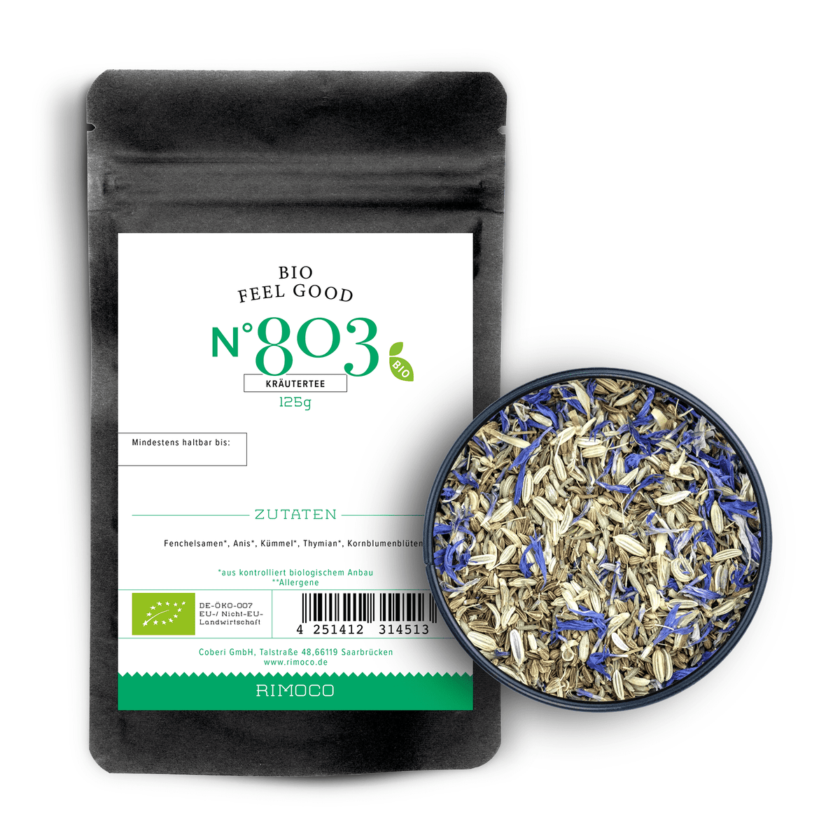 Bio Kräutertee Feel Good, daneben eine Schale mit losem Tee-Mix aus Fenchel und Anis.
