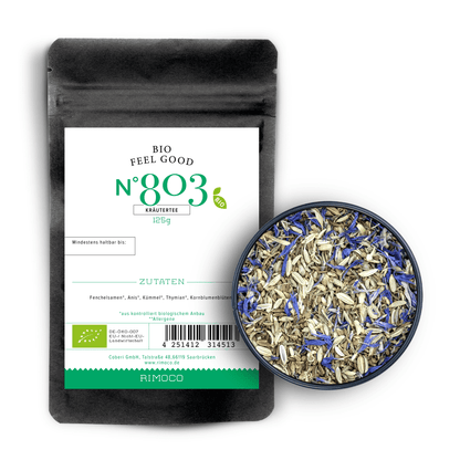 Bio Kräutertee Feel Good, daneben eine Schale mit losem Tee-Mix aus Fenchel und Anis.