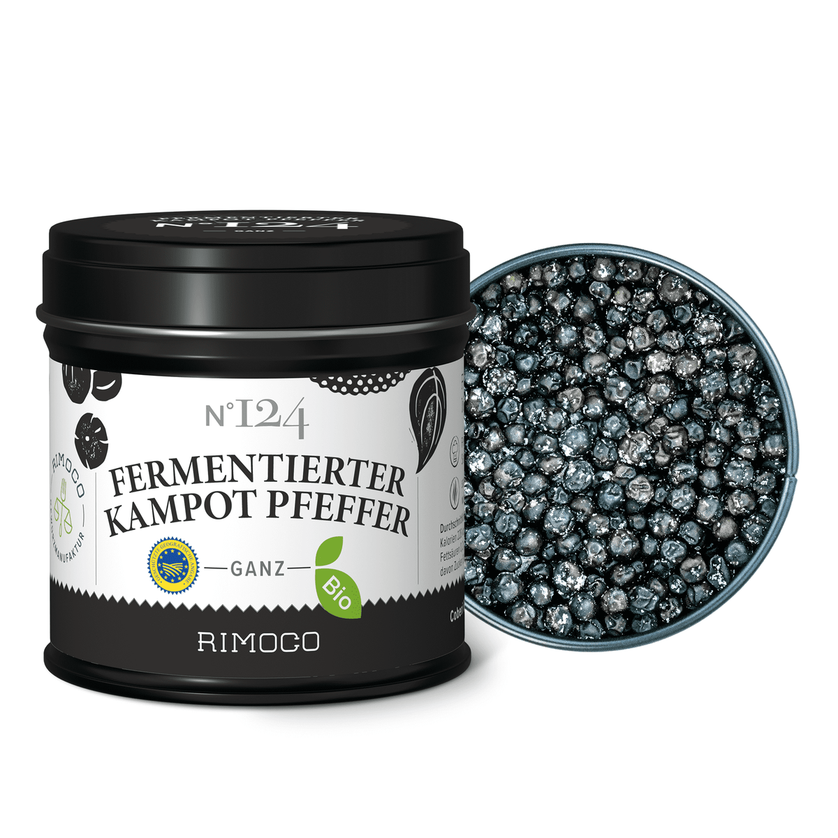 Geöffnete Dose mit Bio Fermentiertem Kampot Pfeffer zeigt schwarze Pfefferkörner.