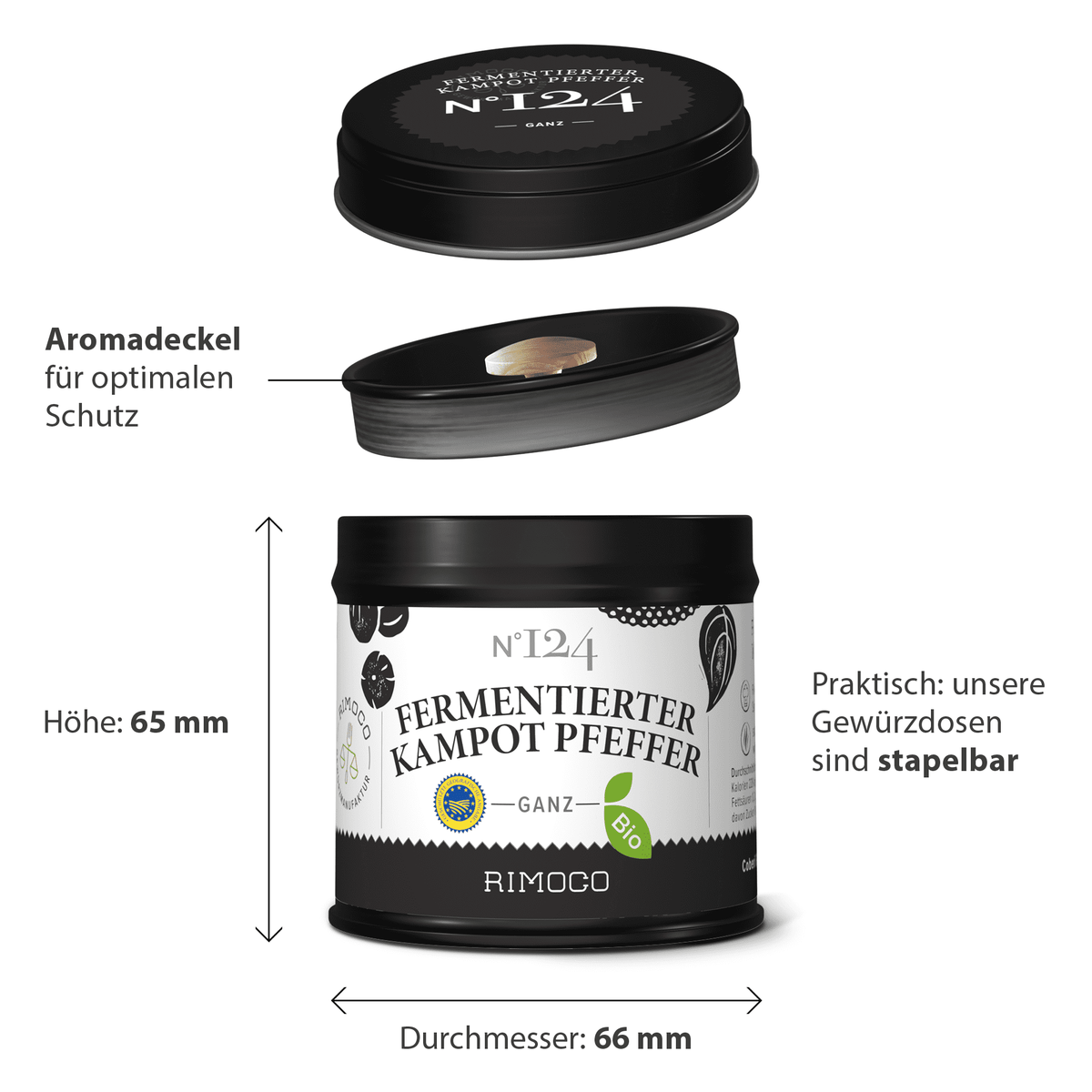 Schwarze Dose mit Aufschrift Bio Fermentierter Kampot Pfeffer, Deckel abgenommen, Maße sichtbar.