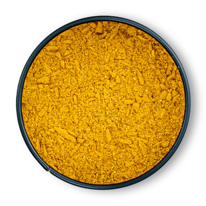 Bio Fischcurry in runder Dose, von oben auf weißem Hintergrund gesehen.