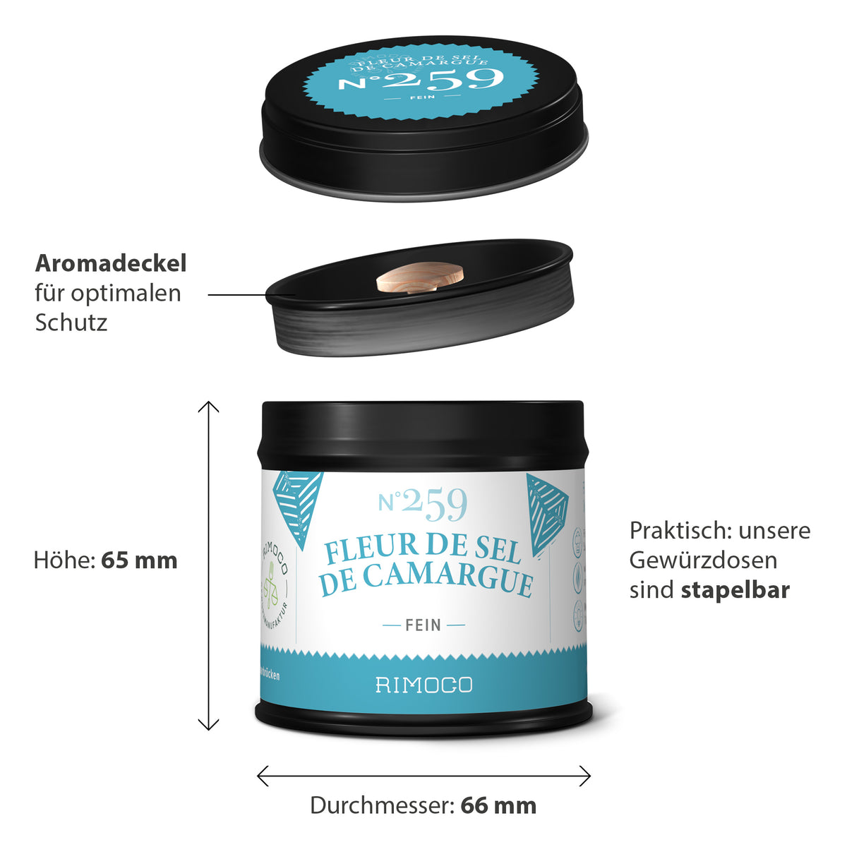 Fleur de Sel de Camargue in runder Dose mit schwarzem Deckel, blau-weißem Design.