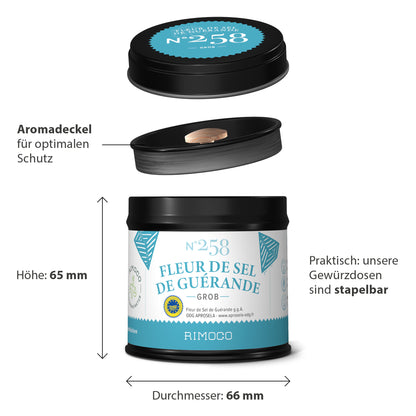 Fleur de Sel de Guérande in einer zylindrischen Dose mit separatem schwarzem Deckel.