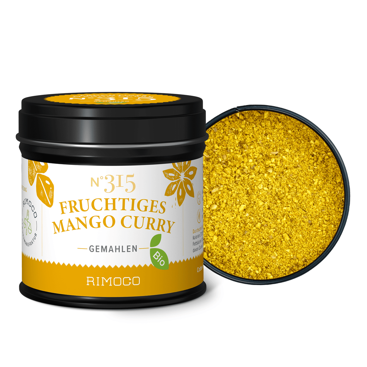 Offene Dose mit Bio Fruchtiges Mango Curry, darin eine sichtbar fruchtige Currymischung.