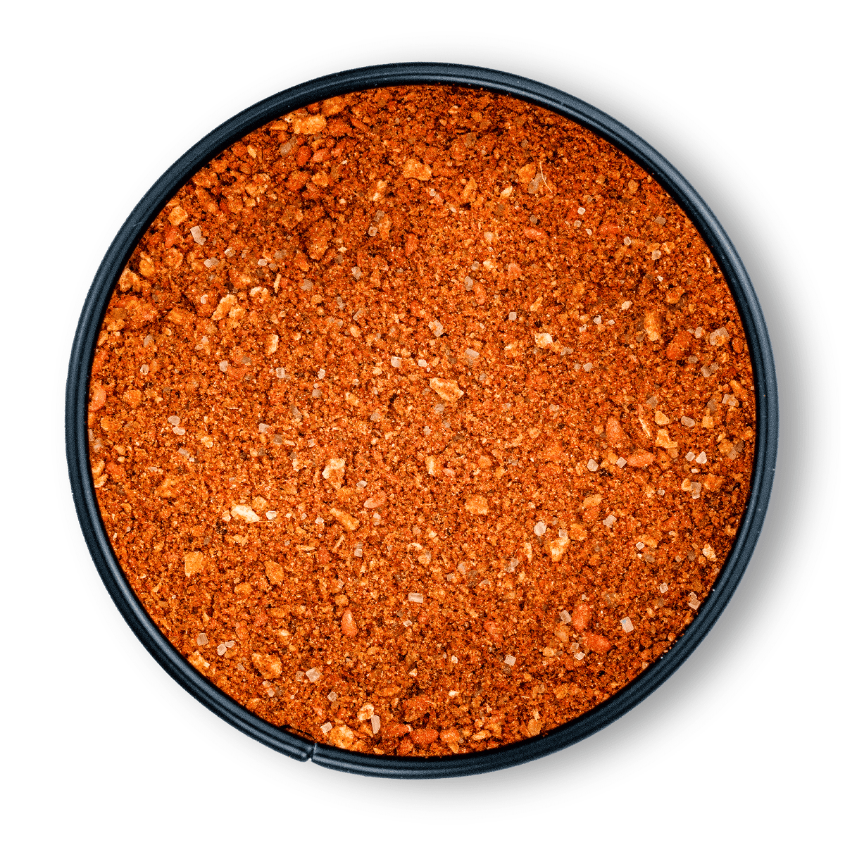 Runde schwarze Schale mit Bio Fruit Bomb BBQ Rub, von oben gesehen.
