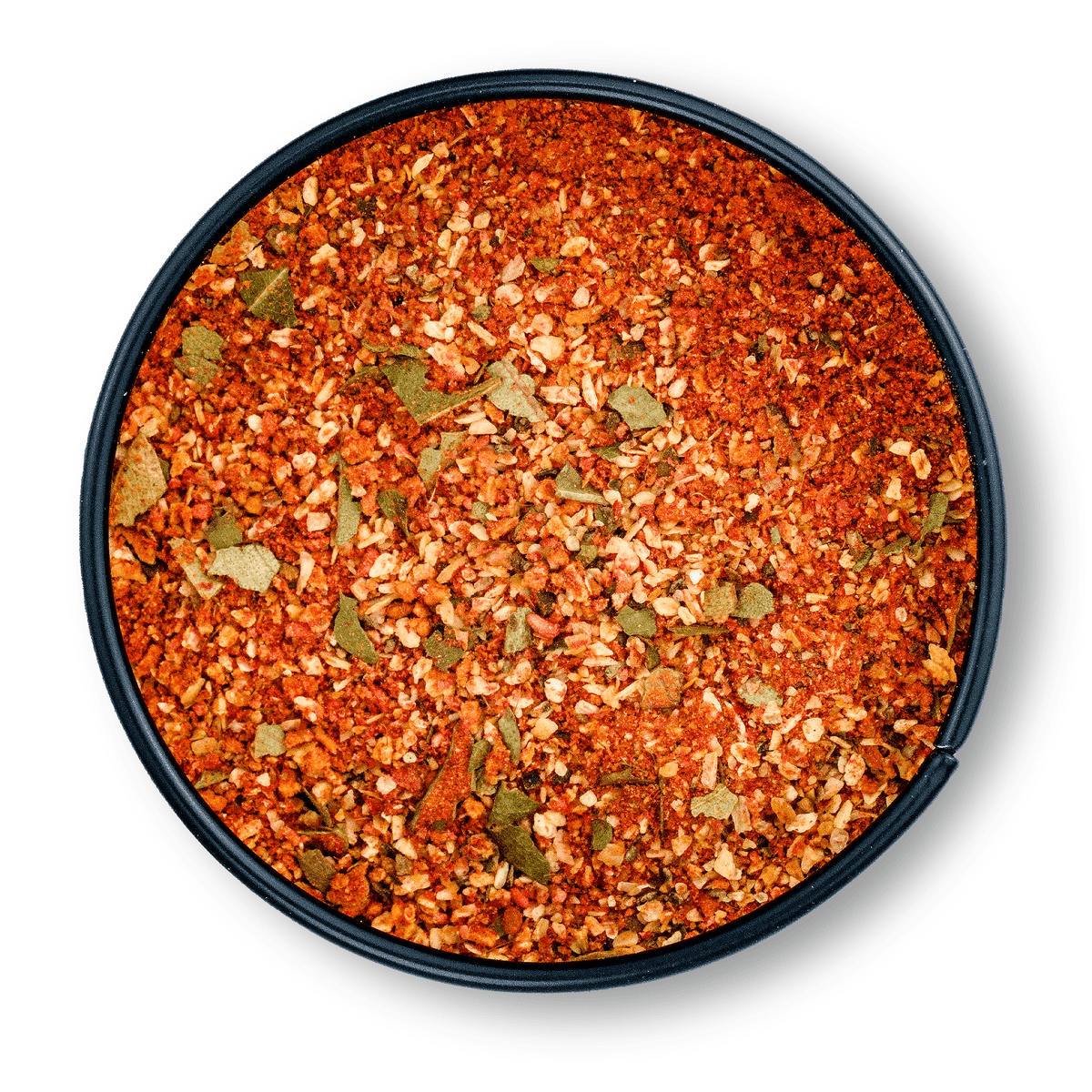 Runde schwarze Dose Bio Fruity Tofu Gewürz mit sichtbarer bunter Mischung getrockneter Kräuter.