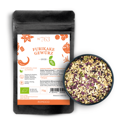 Bio Furikake Gewürz Packung und Schale mit bunten, getrockneten Zutaten sichtbar.