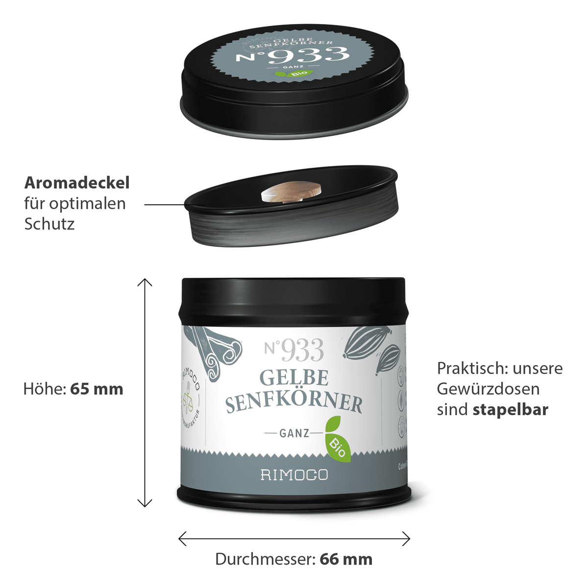 Bio Gelbe Senfkörner ganz in runder Dose mit schwarzem Deckel, Aufschrift milde Schärfe.