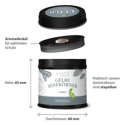 Bio Gelbe Senfkörner ganz in runder Dose mit schwarzem Deckel, Aufschrift milde Schärfe.