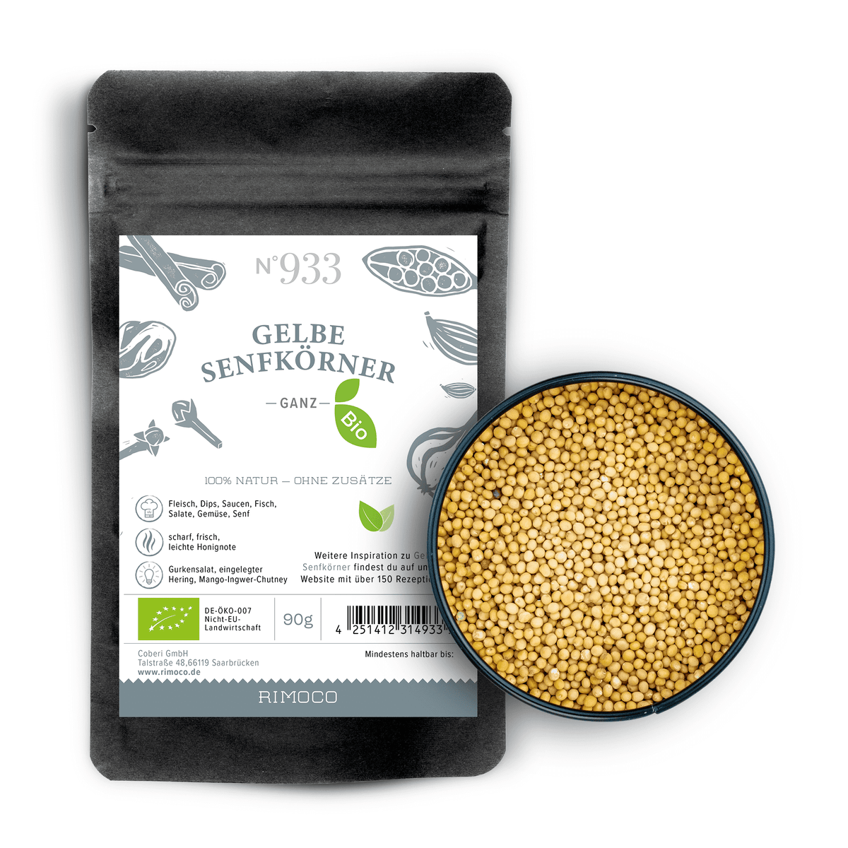 Bio Gelbe Senfkörner ganz neben einer Schale mit ganzen gelben Senfkörnern.