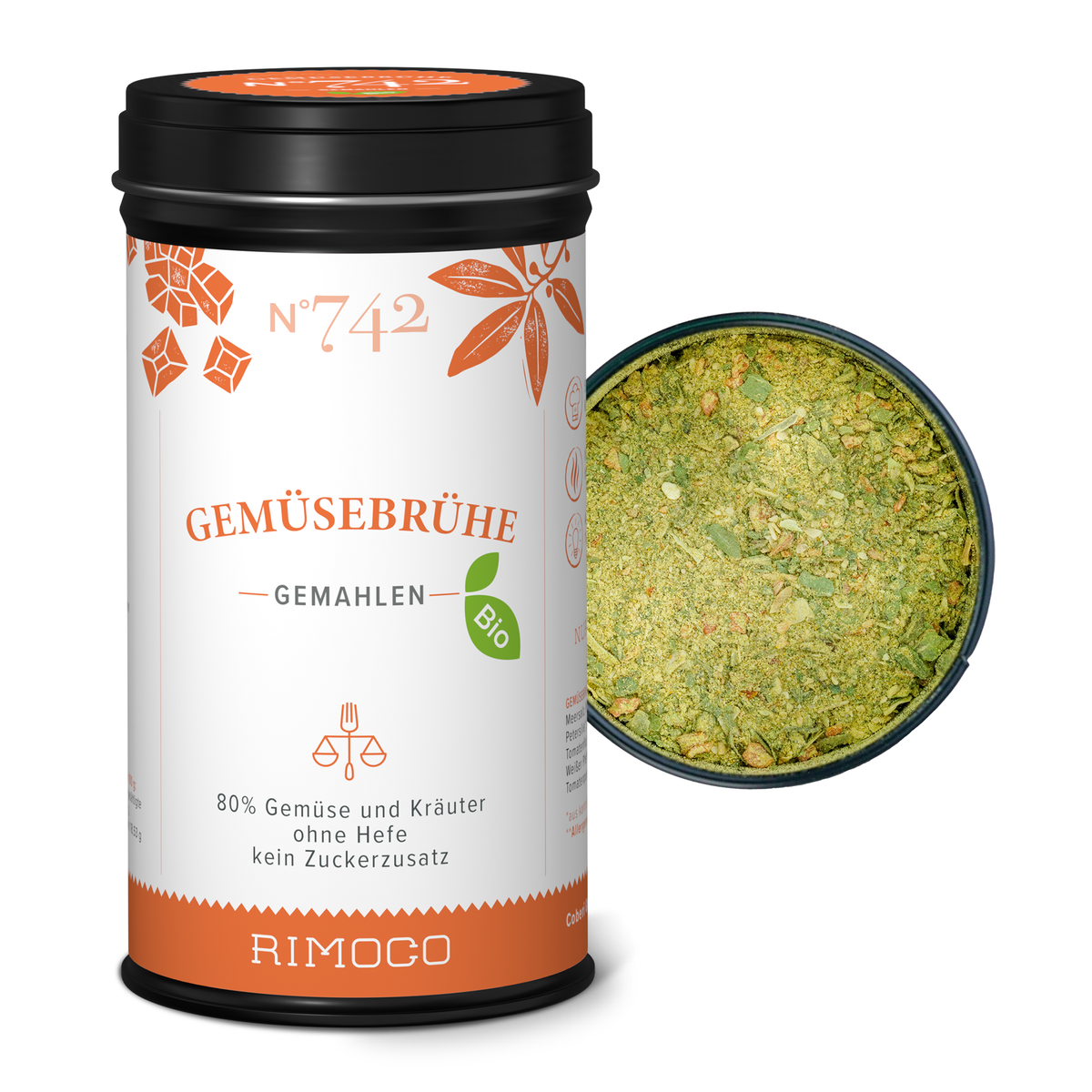Geöffnete Dose mit grünem Gemüsebrühe-Pulver.