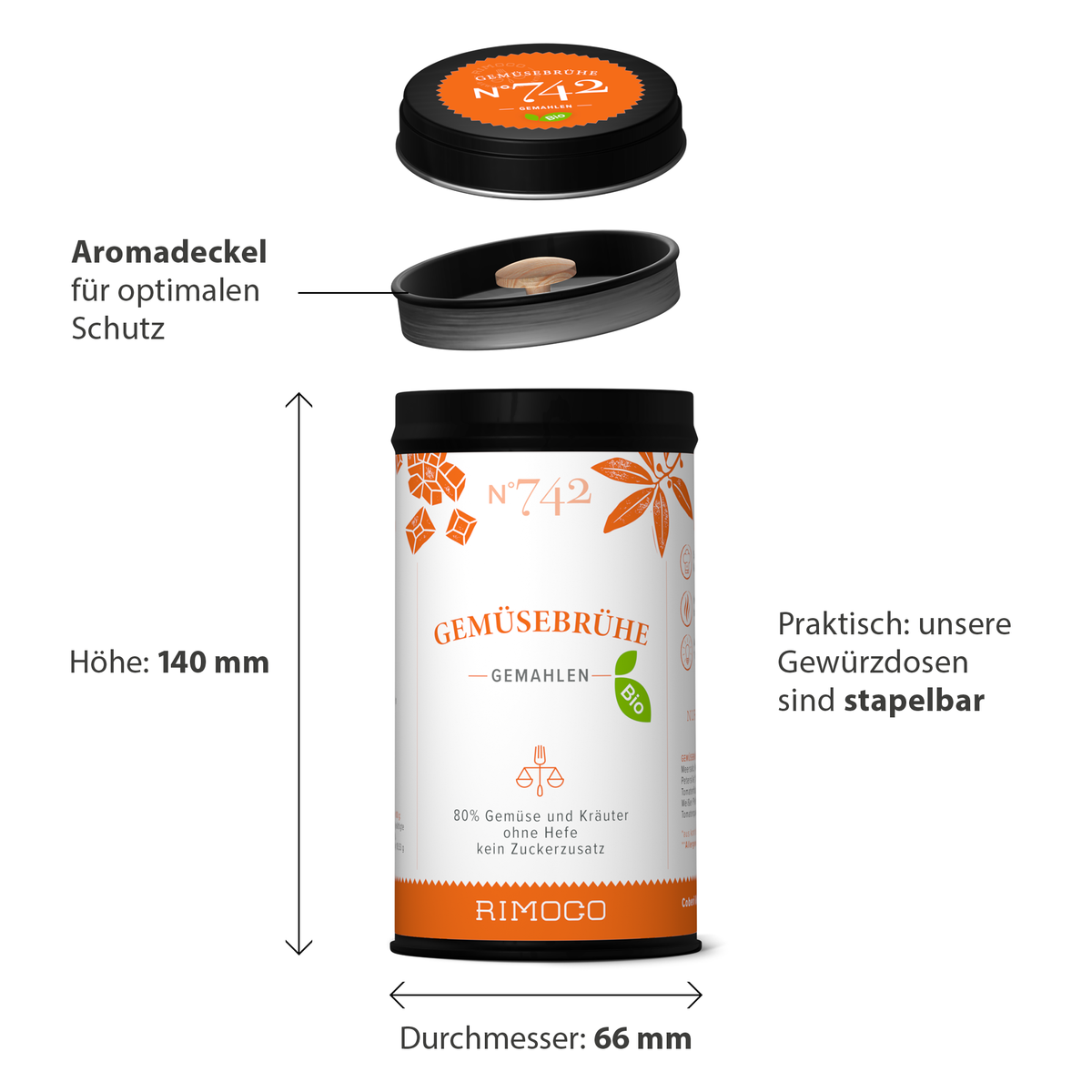 Dose Bio Gemüsebrühe mit sichtbarem Etikett, geöffnetem Deckel und Messskala, stapelbar.