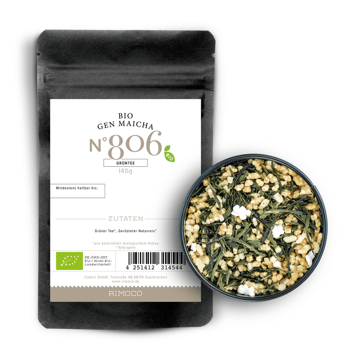 Bio Grüntee Genmaicha: Beutel und Schale mit losen Teeblättern und geröstetem Reis.