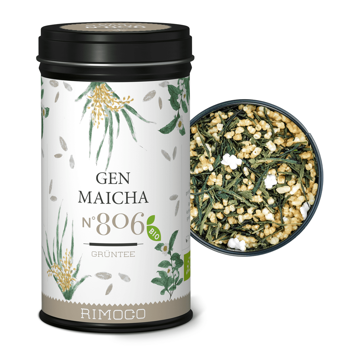 Offene Dose mit Bio Grüntee Genmaicha, darin eine sichtbare Mischung aus japanischem Grüntee.
