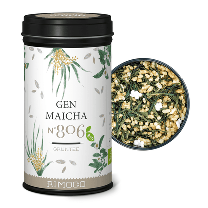 Offene Dose mit Bio Grüntee Genmaicha, darin eine sichtbare Mischung aus japanischem Grüntee.