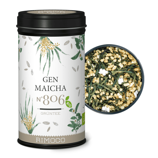 Offene Dose mit Bio Grüntee Genmaicha, darin eine sichtbare Mischung aus japanischem Grüntee.