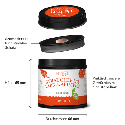 Dose Bio geräuchertes Paprikapulver edelsüß, stapelbar, mit Deckel.