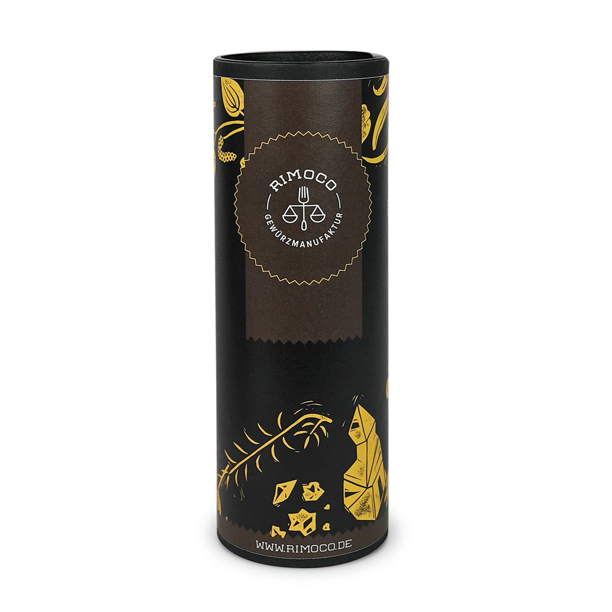 Schwarze, zylindrische Geschenkverpackung für drei Rimoco-Gewürze mit goldenen Illustrationen.