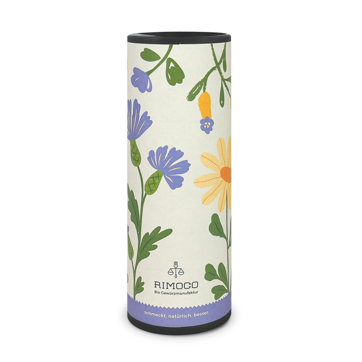 Zylindrische Rimoco-Gewürzverpackung mit Blumenmuster und violettem Bodenetikett.