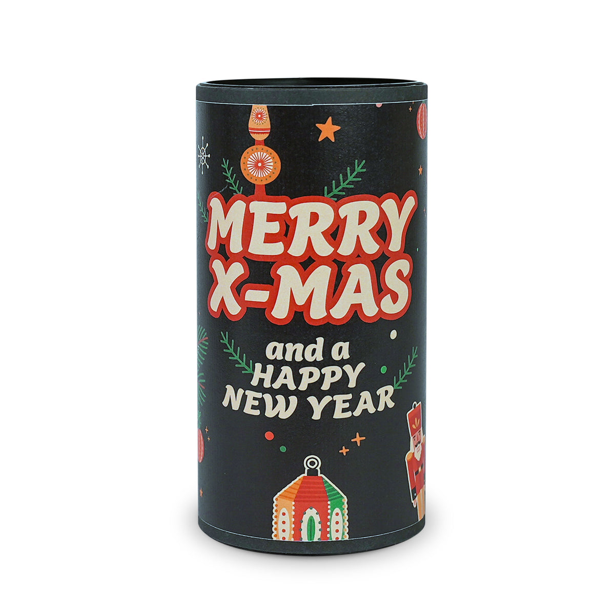 Weihnachtliche Geschenkrolle „Merry X-Mas" in Schwarz für 2 Rimoco Gewürze