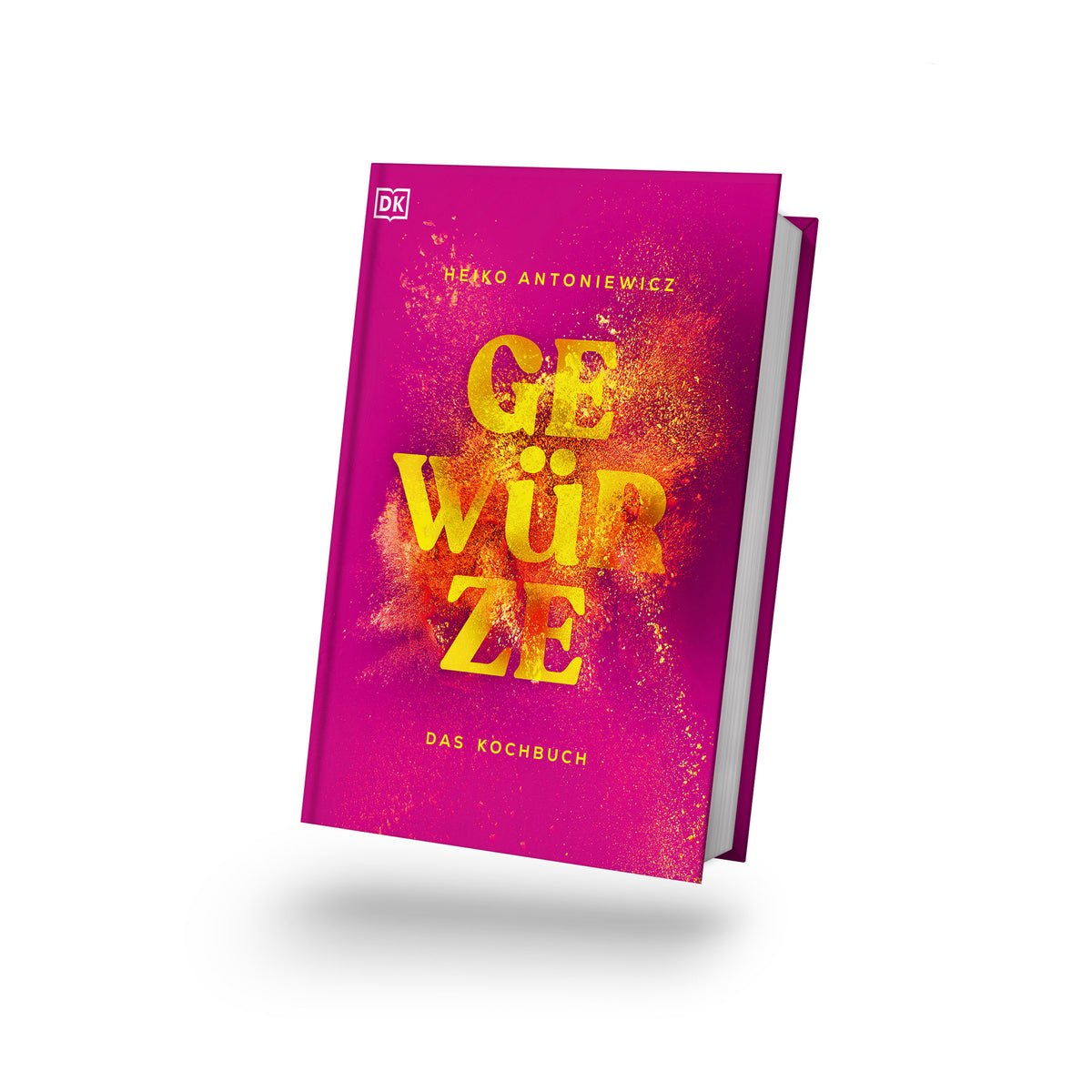 Pinkes Gewürze-Kochbuch von Heiko Antoniewicz, gelber Text, Gewürzsplatter auf dem Einband.